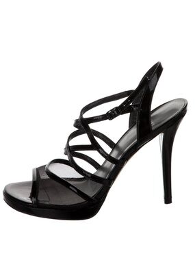 Stuart Weitzman Patent Leather Slingback Sandals Black Mesh Heels Size 8.5 Women